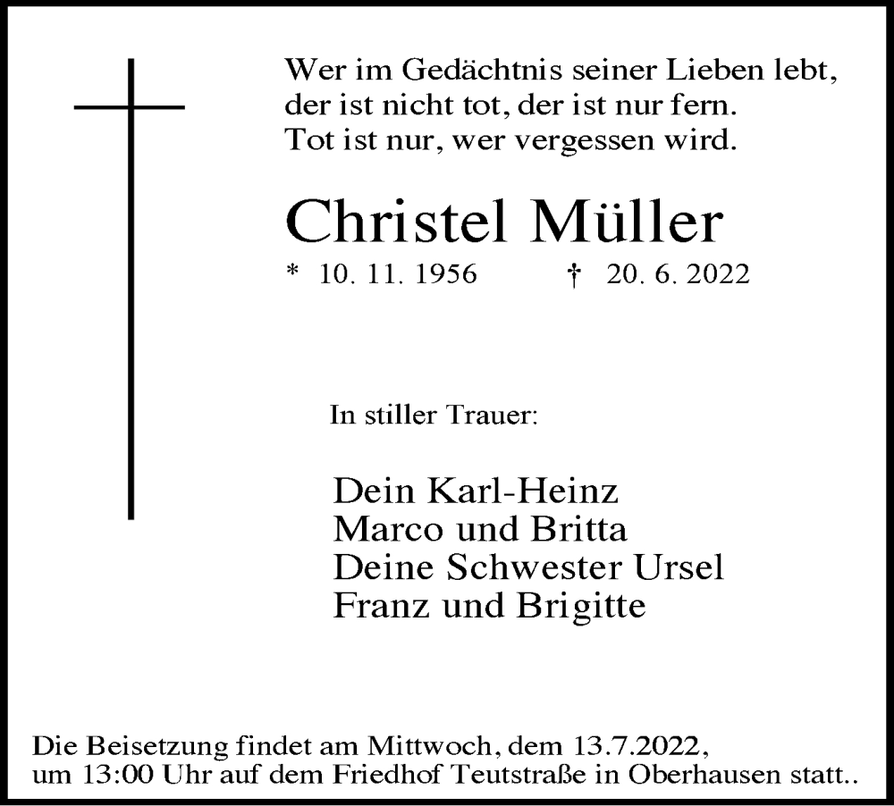  Traueranzeige für Christel Müller vom 09.07.2022 aus WVW Anzeigenblätter