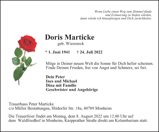 Traueranzeige von Doris Marticke von WVW Anzeigenblätter