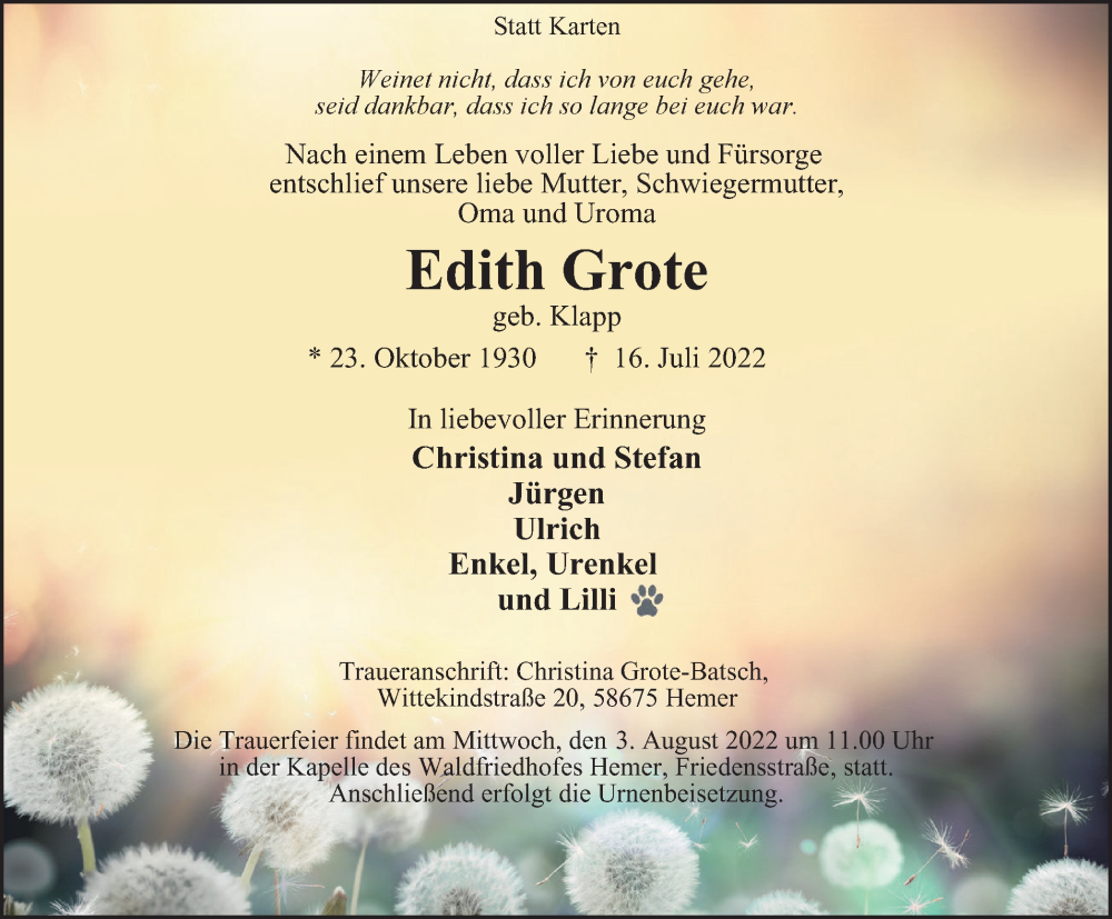  Traueranzeige für Edith Grote vom 30.07.2022 aus WVW Anzeigenblätter