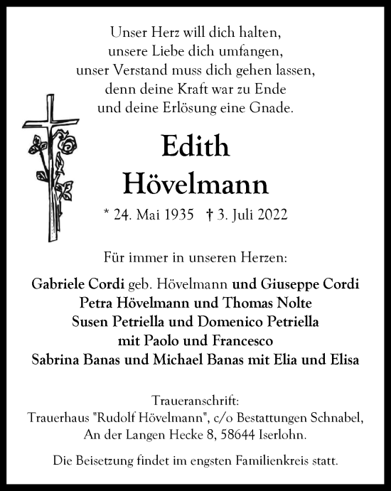 Traueranzeige von Edith Hövelmann von WVW Anzeigenblätter