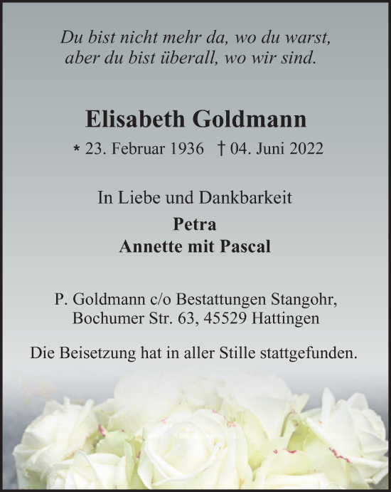 Traueranzeige von Elisabeth Goldmann von WVW Anzeigenblätter