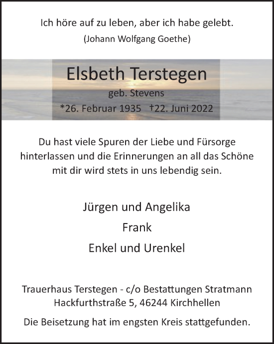 Traueranzeige von Elsbeth Terstegen von WVW Anzeigenblätter