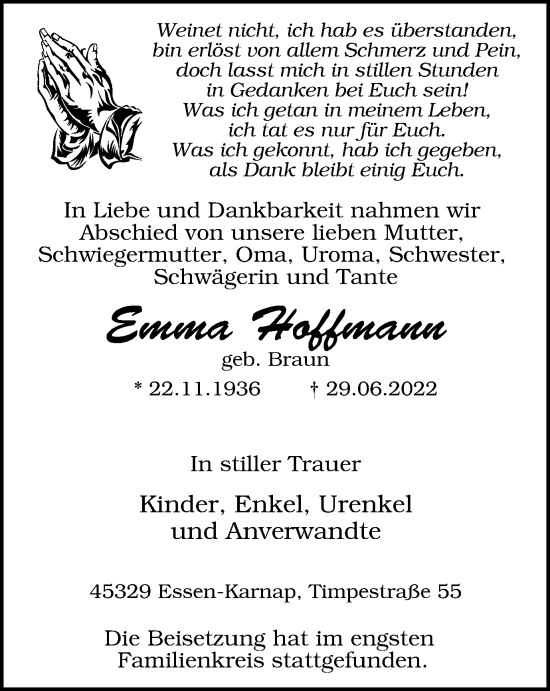 Traueranzeige von Emma Hoffmann von WVW Anzeigenblätter
