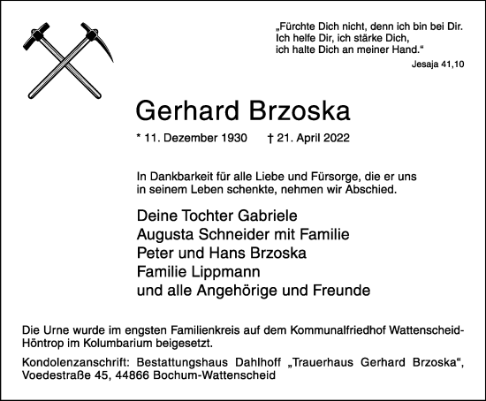 Traueranzeige von Gerhard Brzoska von WVW Anzeigenblätter