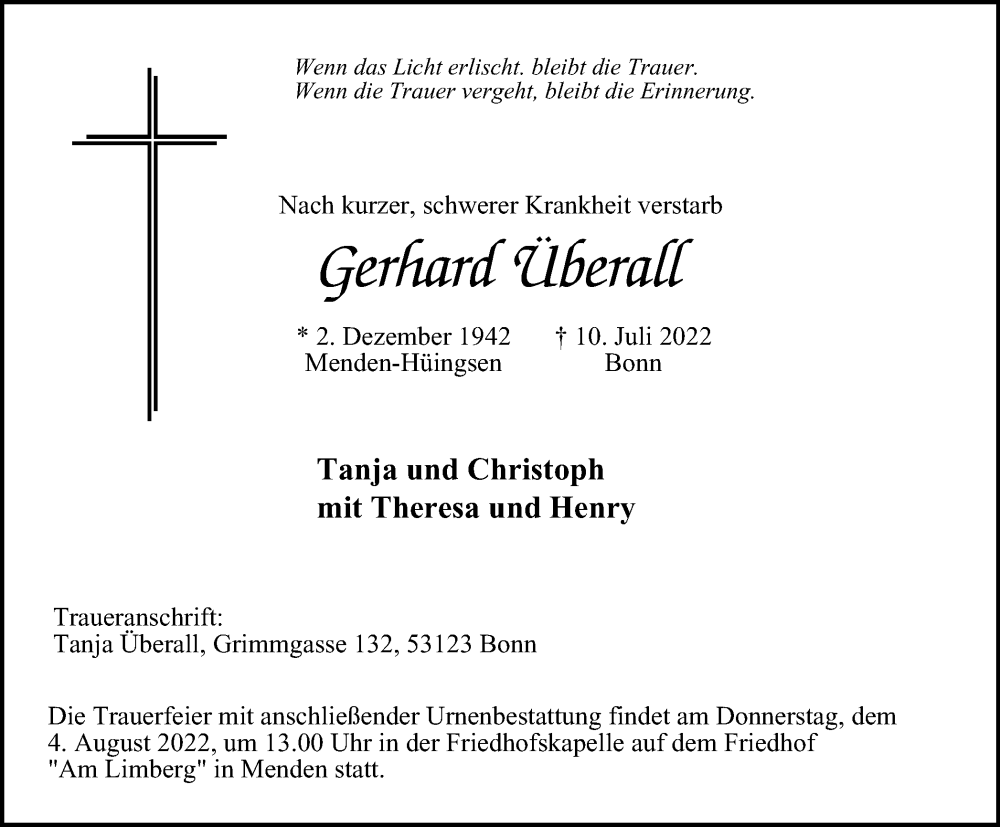 Traueranzeige für Gerhard Überall vom 30.07.2022 aus WVW Anzeigenblätter