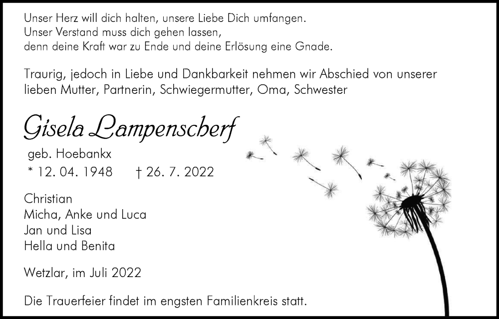  Traueranzeige für Gisela Lampenscherf vom 30.07.2022 aus WVW Anzeigenblätter
