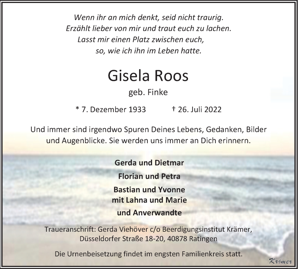  Traueranzeige für Gisela Roos vom 30.07.2022 aus WVW Anzeigenblätter
