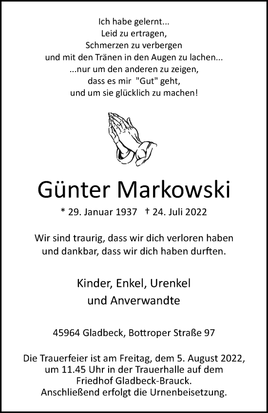 Traueranzeige von Günter Markowski von WVW Anzeigenblätter