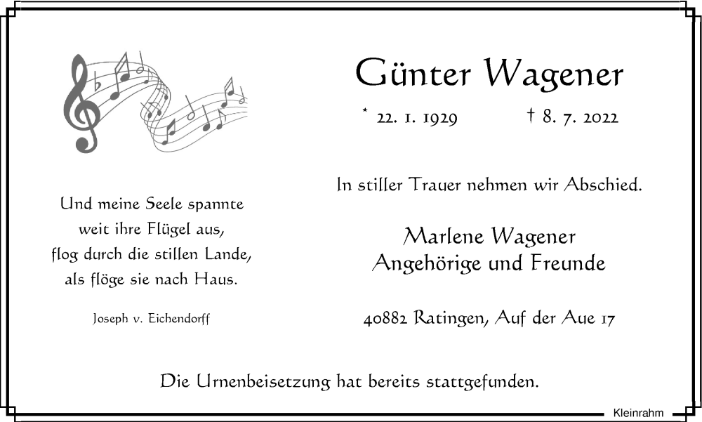  Traueranzeige für Günter Wagener vom 30.07.2022 aus WVW Anzeigenblätter