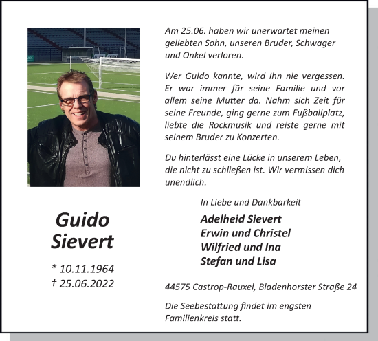 Traueranzeige von Guido Sievert von WVW Anzeigenblätter