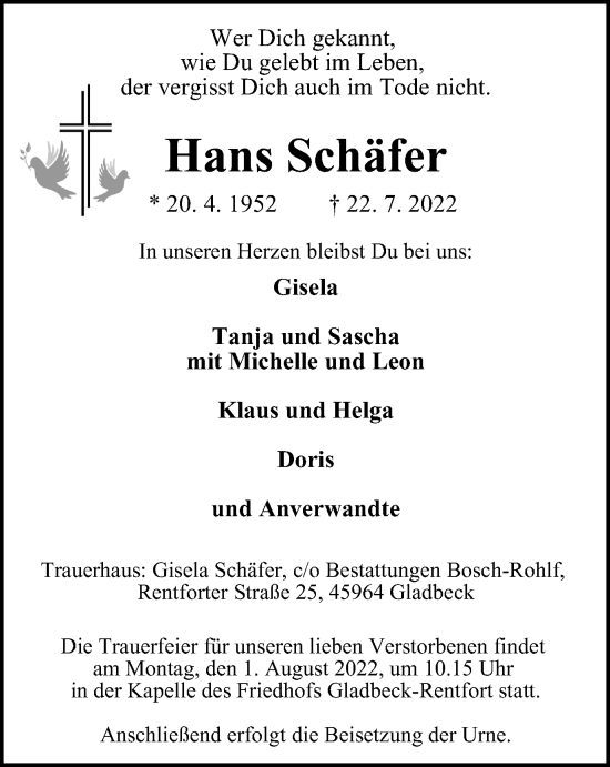 Traueranzeige von Hans Schäfer von WVW Anzeigenblätter