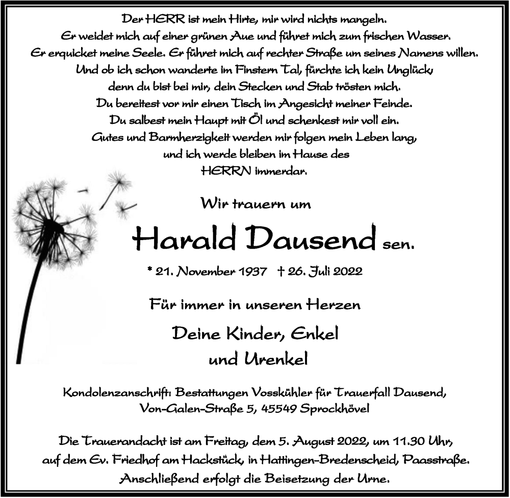  Traueranzeige für Harald Dausend vom 30.07.2022 aus WVW/ORA