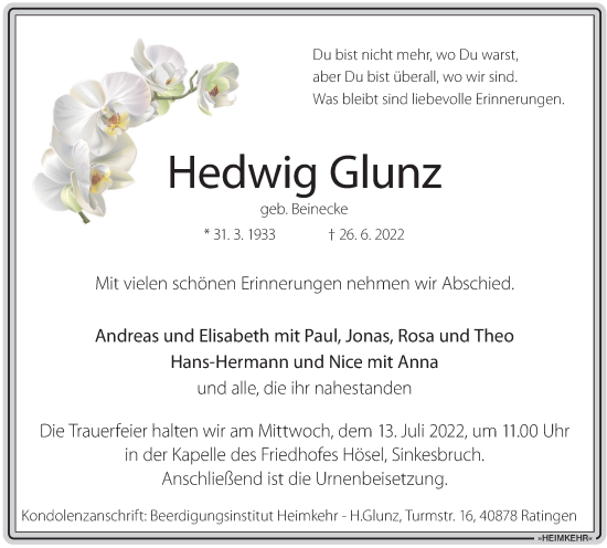 Traueranzeige von Hedwig Glunz von WVW Anzeigenblätter