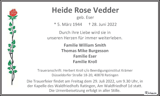 Traueranzeige von Heide Rose Vedder von WVW Anzeigenblätter