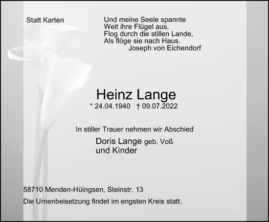 Traueranzeige von Heinz Lange von WVW Anzeigenblätter