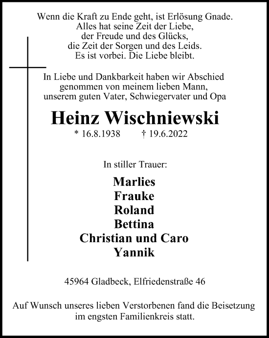 Traueranzeige von Heinz Wischniewski von WVW Anzeigenblätter