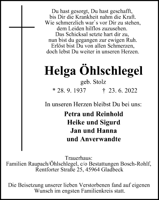 Traueranzeige von Helga Ohlschlegel von WVW Anzeigenblätter