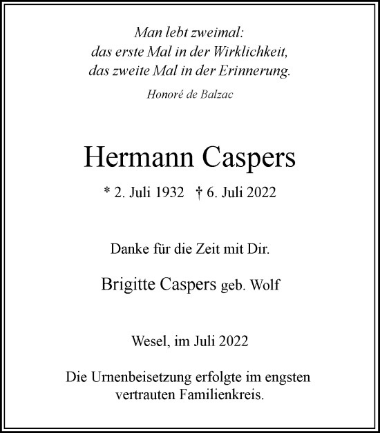 Traueranzeige von Hermann Caspers von WVW Anzeigenblätter