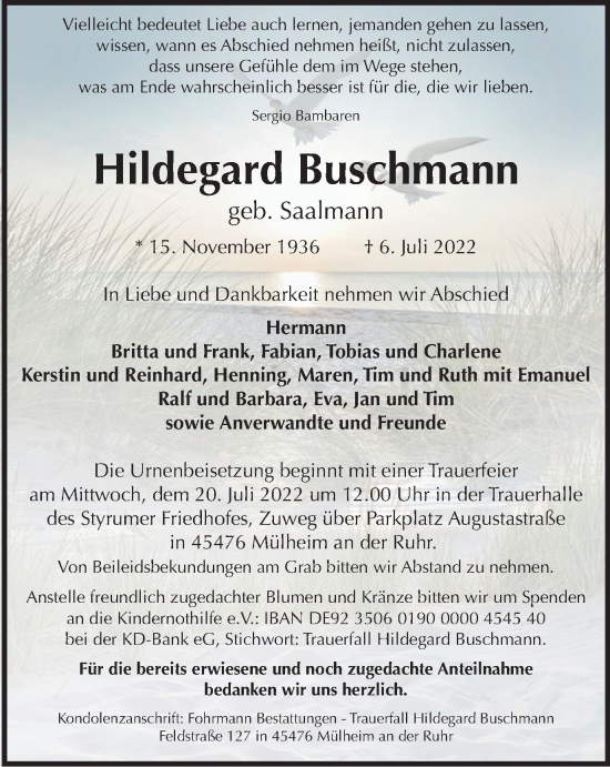 Traueranzeige von Hildegard Buschmann von WVW Anzeigenblätter