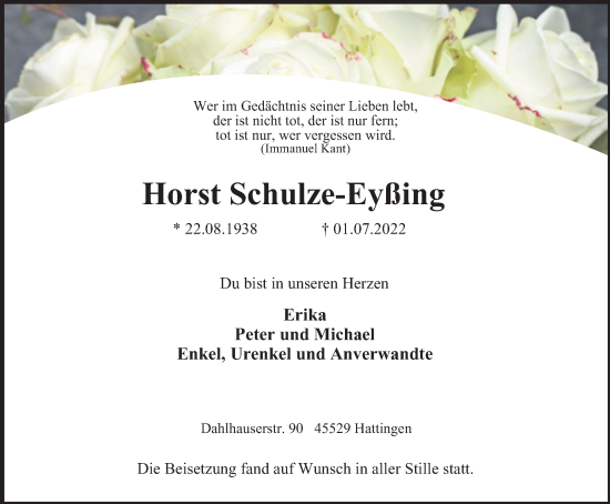 Traueranzeige von Horst Schulze-Eyßing von WVW Anzeigenblätter