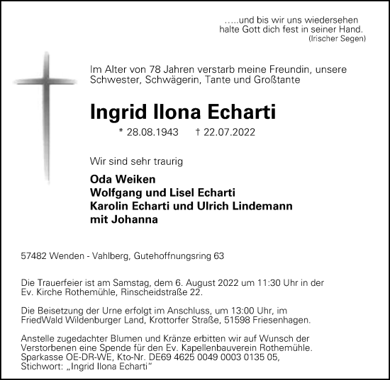 Traueranzeige von Ingrid Ilona Echarti von WVW Anzeigenblätter