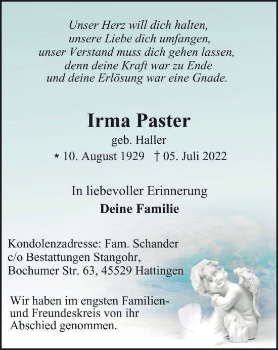 Traueranzeige von Irma Paster von WVW Anzeigenblätter