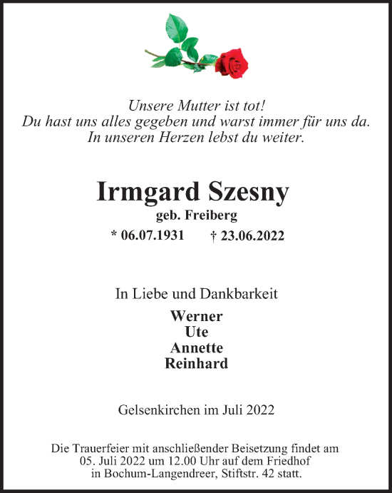 Traueranzeige von Irmgard Szesny von WVW Anzeigenblätter