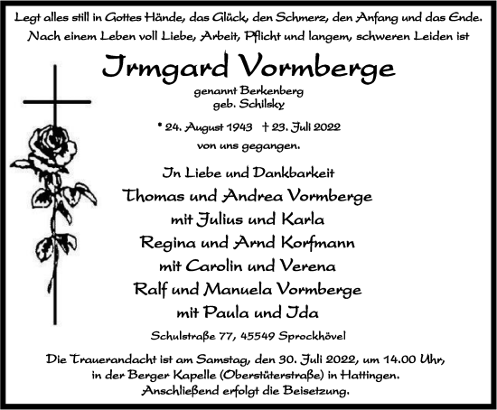 Traueranzeige von Irmgard Vormberge von WVW Anzeigenblätter