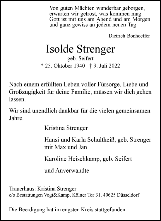 Traueranzeige von Isolde Strenger von WVW Anzeigenblätter