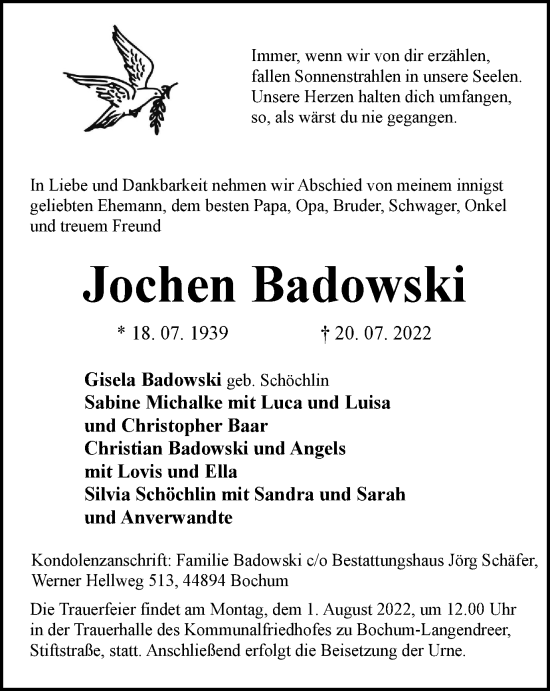 Traueranzeige von Jochen Badowski von WVW Anzeigenblätter