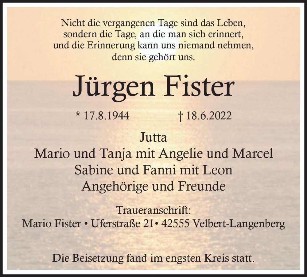  Traueranzeige für Jürgen Fister vom 02.07.2022 aus WVW Anzeigenblätter