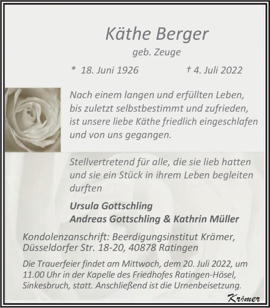 Traueranzeige von Käthe Berger von WVW Anzeigenblätter