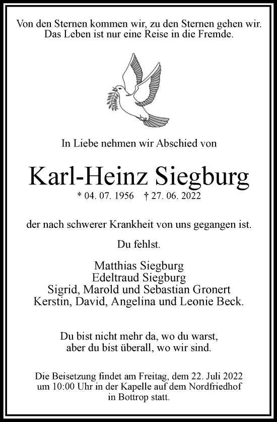 Traueranzeige von Karl-Heinz Siegburg von WVW Anzeigenblätter
