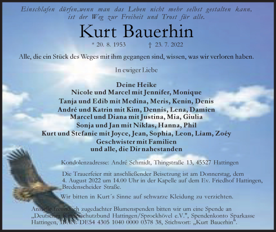 Traueranzeige von Kurt Bauerhin von WVW Anzeigenblätter