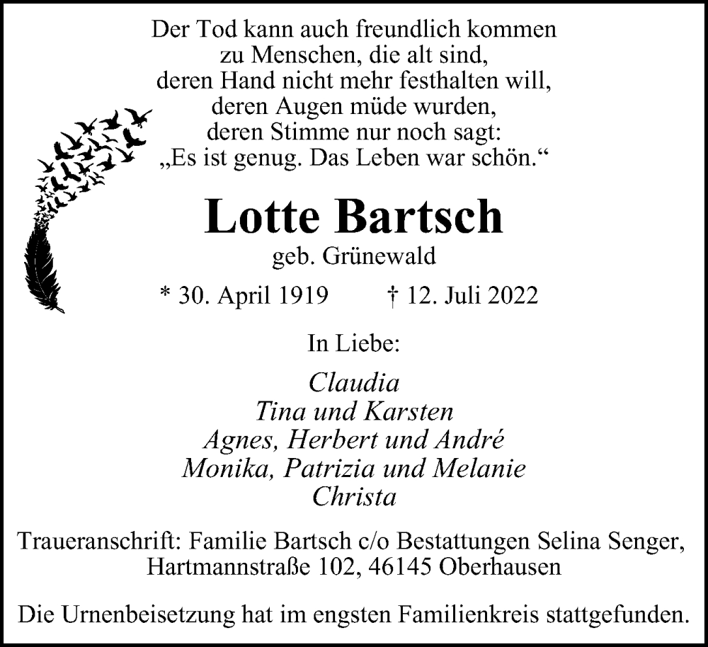  Traueranzeige für Lotte Bartsch vom 23.07.2022 aus WVW Anzeigenblätter