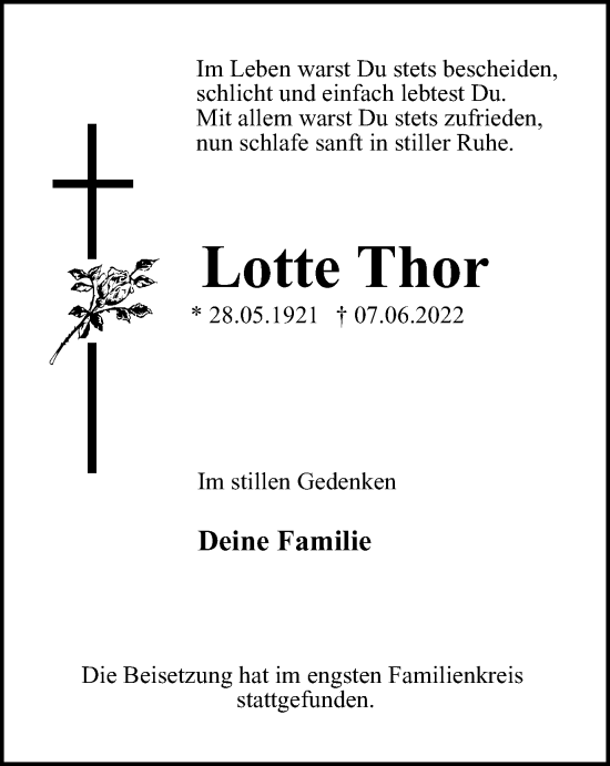 Traueranzeige von Lotte Thor von WVW Anzeigenblätter