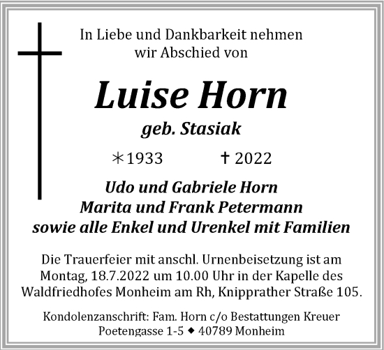 Traueranzeige von Luise Horn von WVW Anzeigenblätter