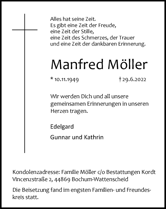 Traueranzeige von Manfred Möller von WVW Anzeigenblätter