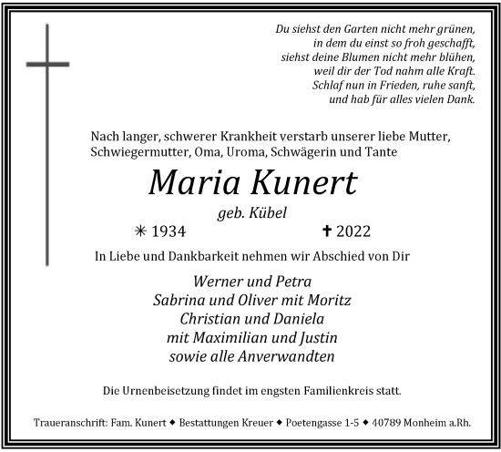 Traueranzeige von Maria Kunert von WVW Anzeigenblätter