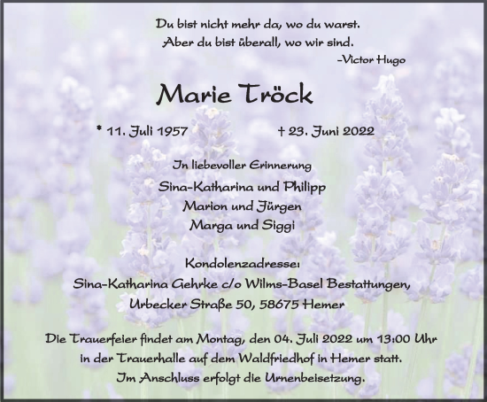 Traueranzeige von Marie Tröck von WVW Anzeigenblätter