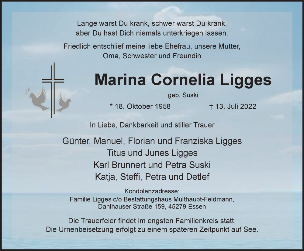  Traueranzeige für Marina Cornelia Ligges vom 23.07.2022 aus WVW Anzeigenblätter