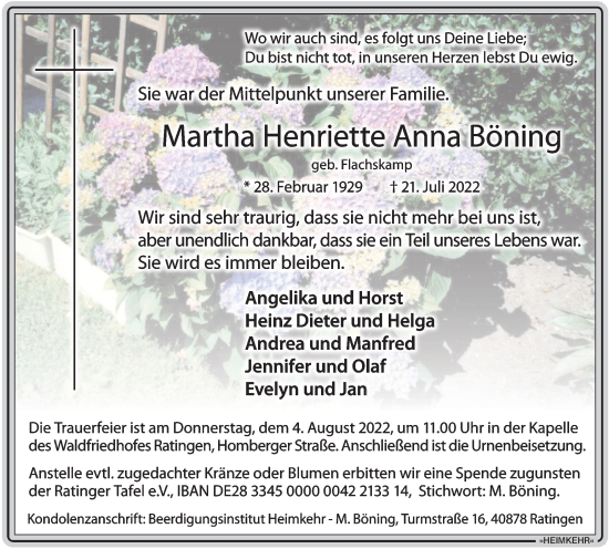 Traueranzeige von Martha Henriette Anna Böning von WVW Anzeigenblätter
