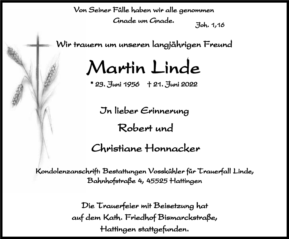  Traueranzeige für Martin Linde vom 02.07.2022 aus WVW Anzeigenblätter