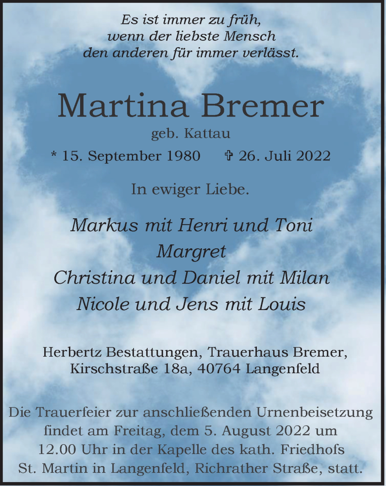  Traueranzeige für Martina Bremer vom 30.07.2022 aus WVW Anzeigenblätter