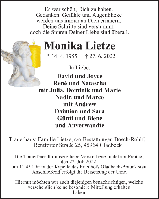 Traueranzeige von Monika Lietze von WVW Anzeigenblätter