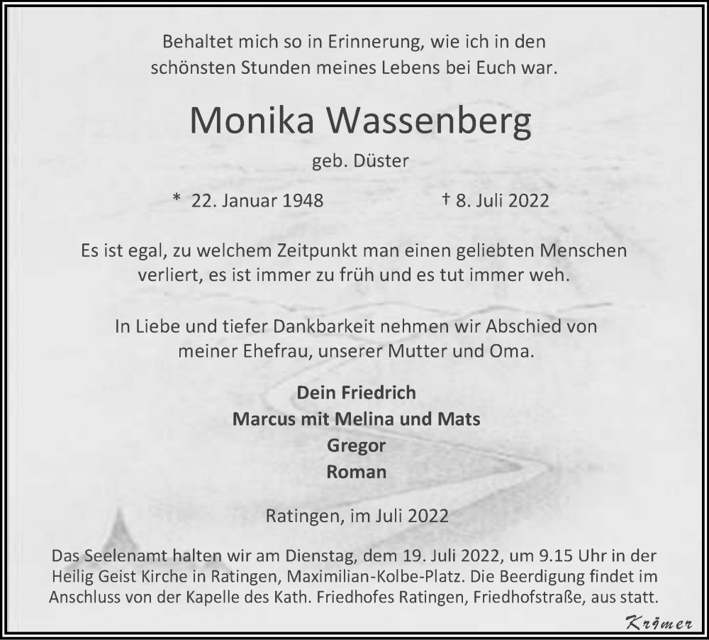  Traueranzeige für Monika Wassenberg vom 16.07.2022 aus WVW Anzeigenblätter