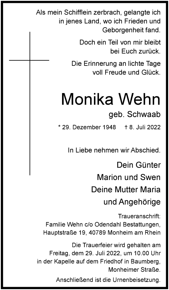  Traueranzeige für Monika Wehn vom 23.07.2022 aus WVW Anzeigenblätter