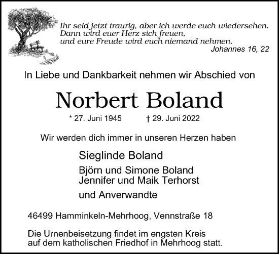 Traueranzeige von Norbert Boland von WVW Anzeigenblätter