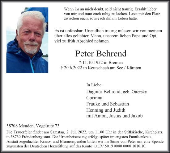 Traueranzeige von Peter Behrend von WVW Anzeigenblätter