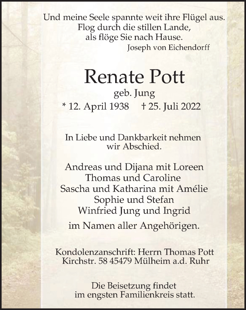  Traueranzeige für Renate Pott vom 30.07.2022 aus WVW Anzeigenblätter
